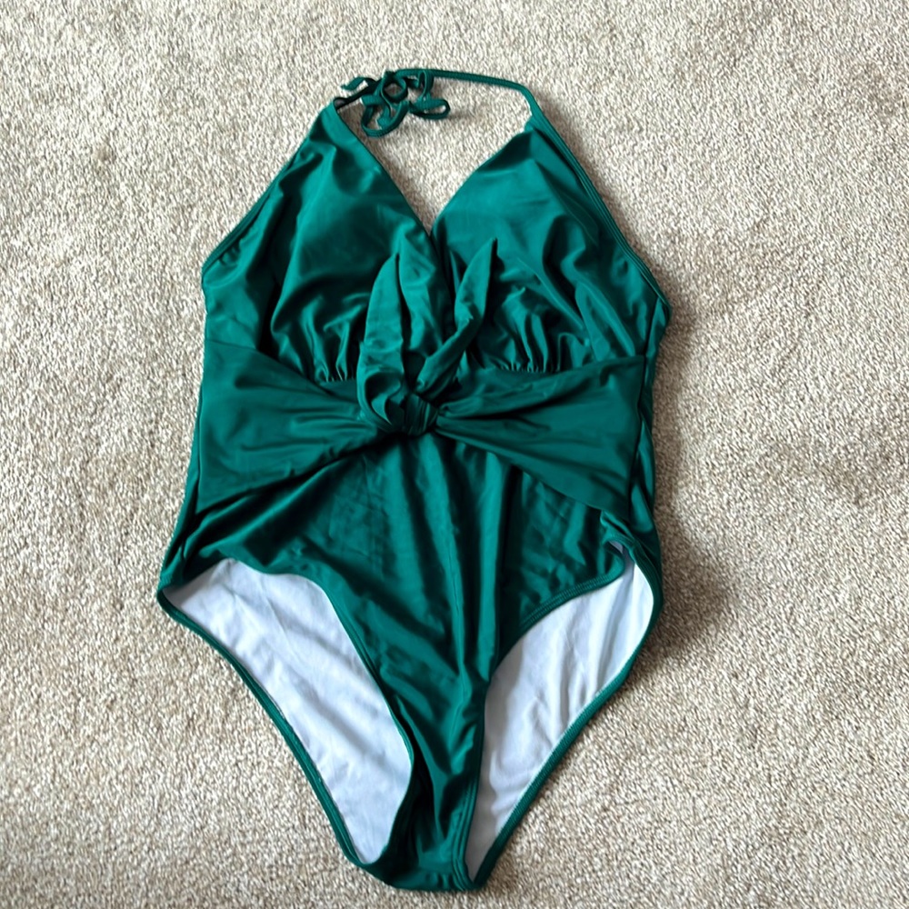 Dark green Plus size knot front halter one piece swim suit size 2xl